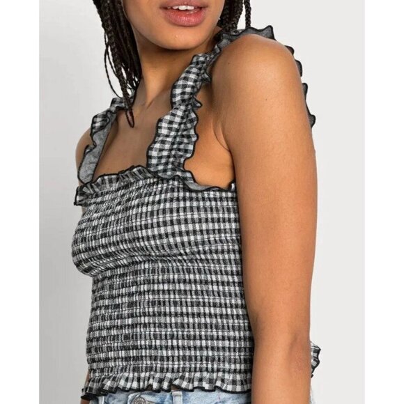Vero Moda Vida Extra Cropped Top Women Small White Black Ruffle‎ Smocked - Picture 9 of 11